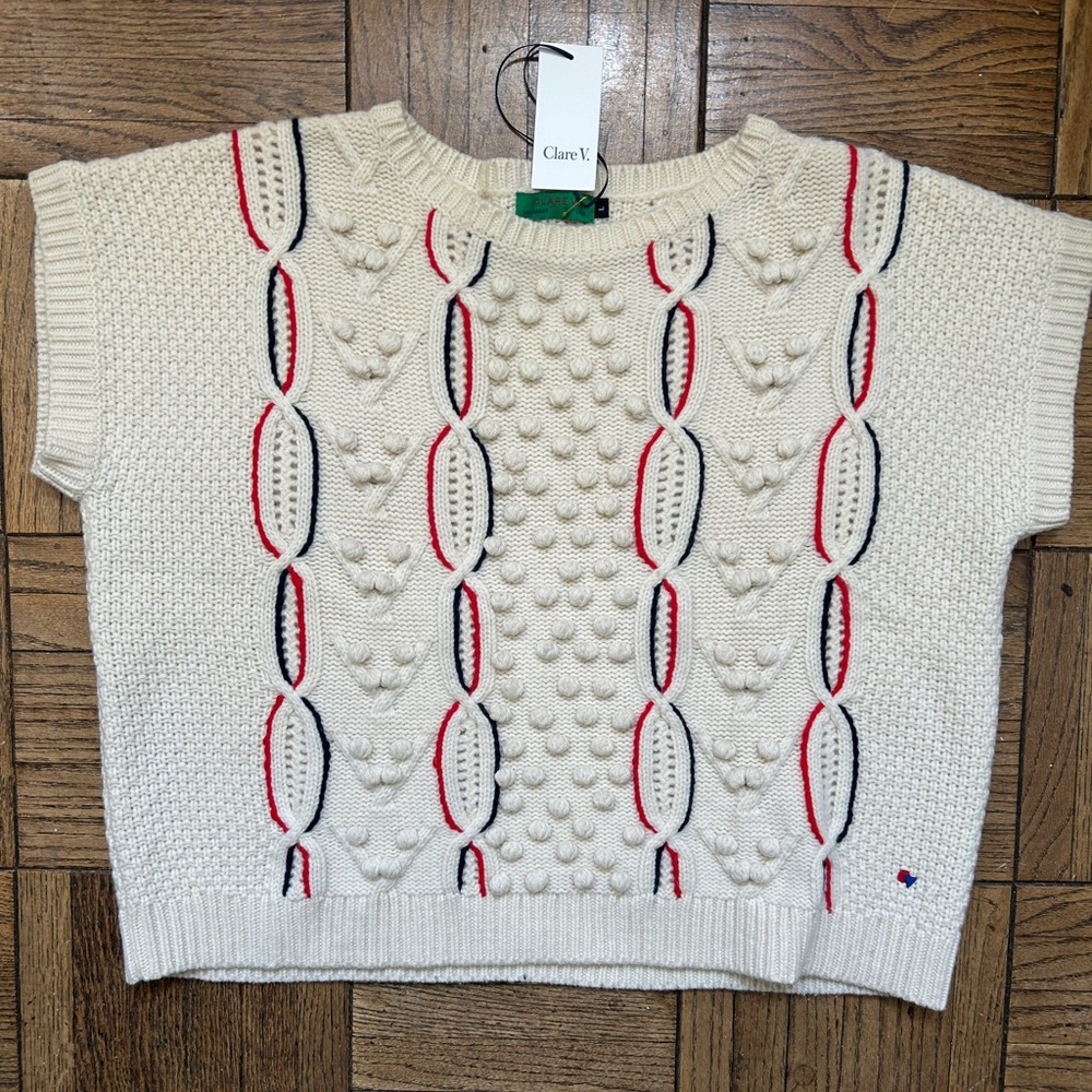 Clare V sleeveless summer sweater size Large cream, red and black.